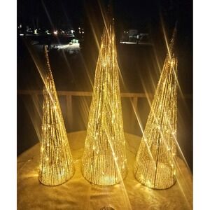 Set-3 Gold Glitter Cone Trees w/Dual Color LED Lights Indoor Outdoor USED 36 in
